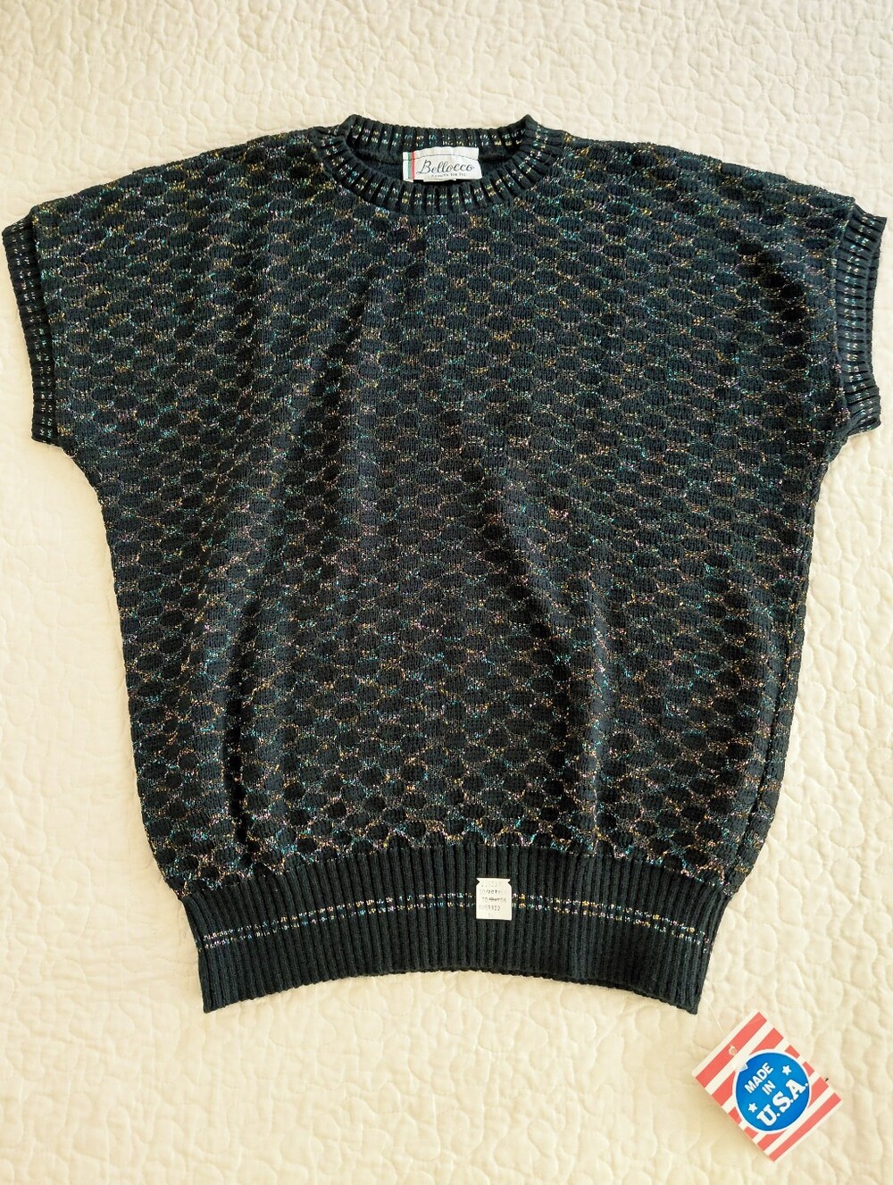 Vintage Black Short-Sleeve Sweater With Rainbow Metallic Design  NWT